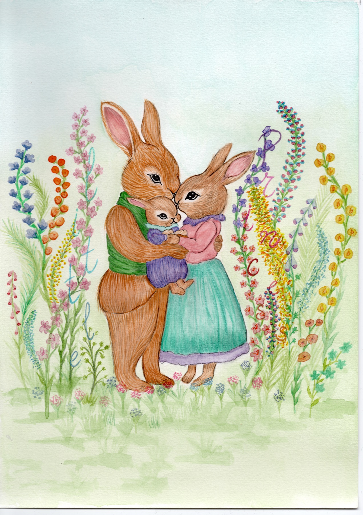 Famille de lapins entourée de fleurs avec des lettres cachées